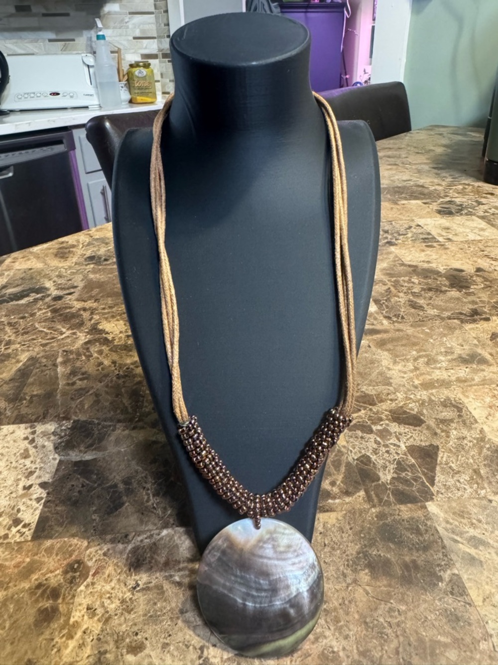 Lia Sophia Brown Beaded Necklace with Round Shell Pendant